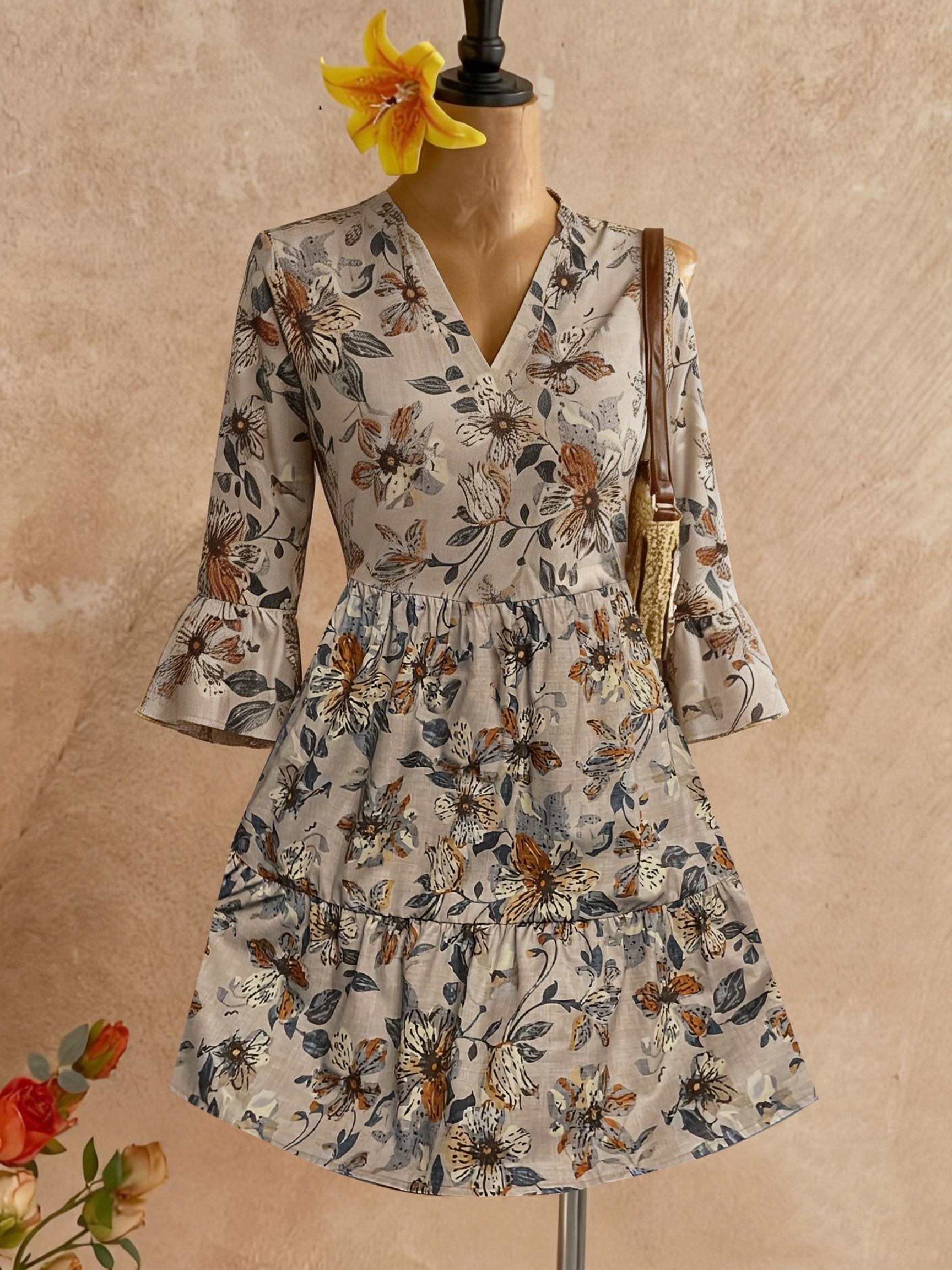 Floral Print V Neck Tiered Dress