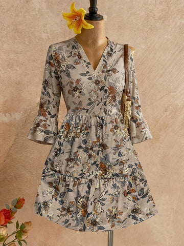 Floral Print V Neck Tiered Dress