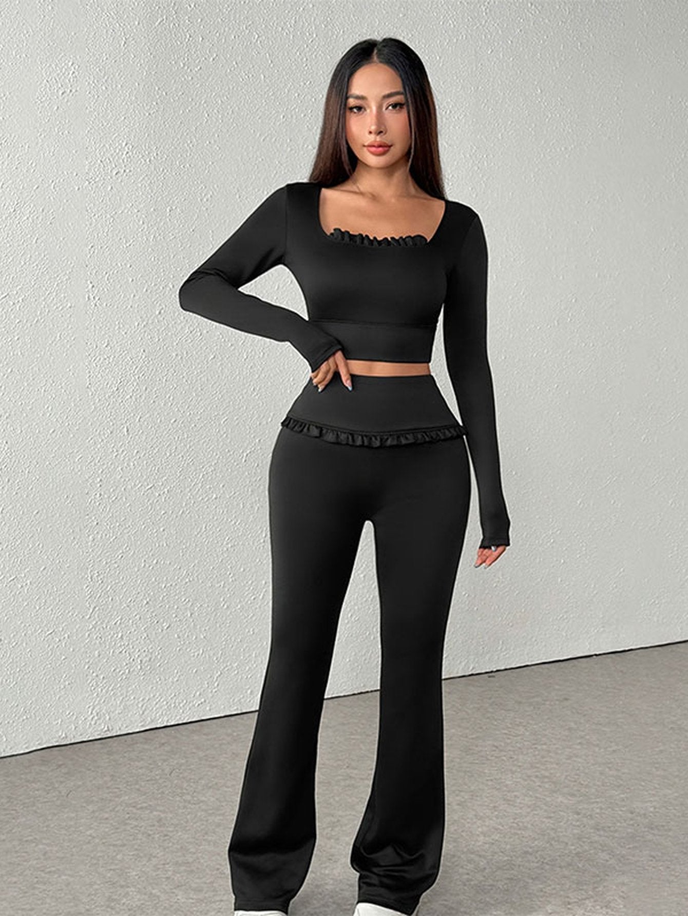 Ruffle Trim Crop Top Pants Set
