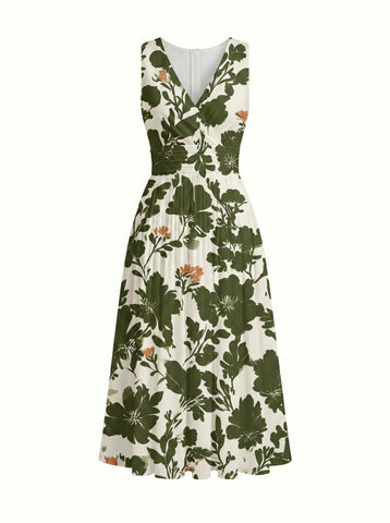 CORINNE
Floral Print V Neck A Line Midi Dress