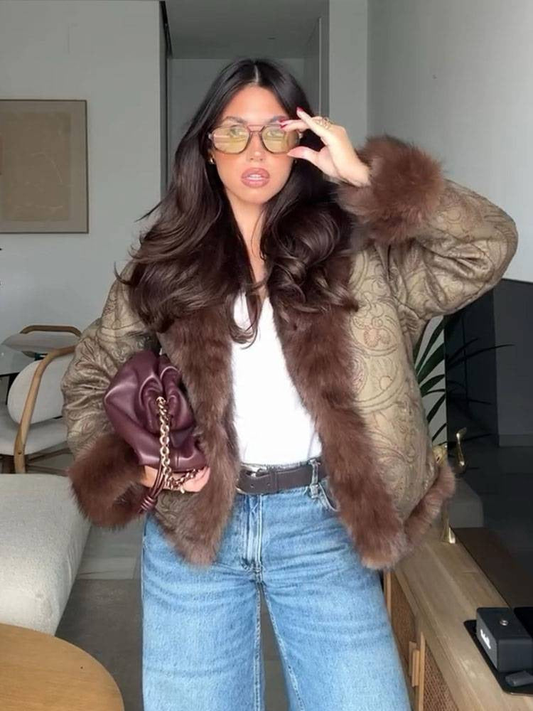 Embroidered Faux Fur Trim Coat