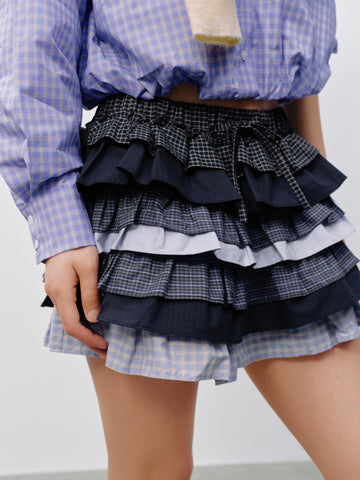 Urban Revivo Drawstring Contrast Check Tiered Ruffle A-Line Mini Skirts