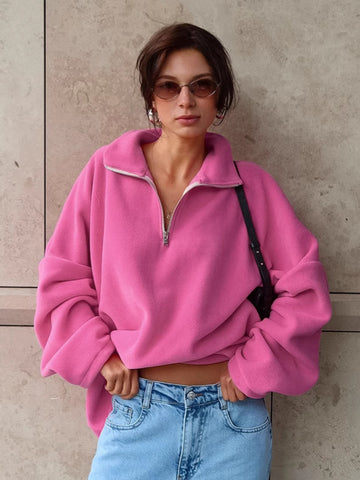 Oversized Pink Quarter Zip Fleece Sweatshirt