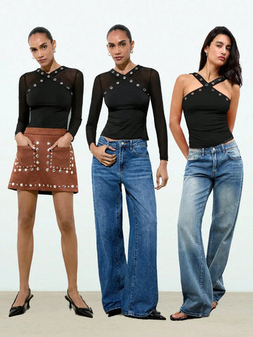 Stretchy Grommet Detail Mesh Top