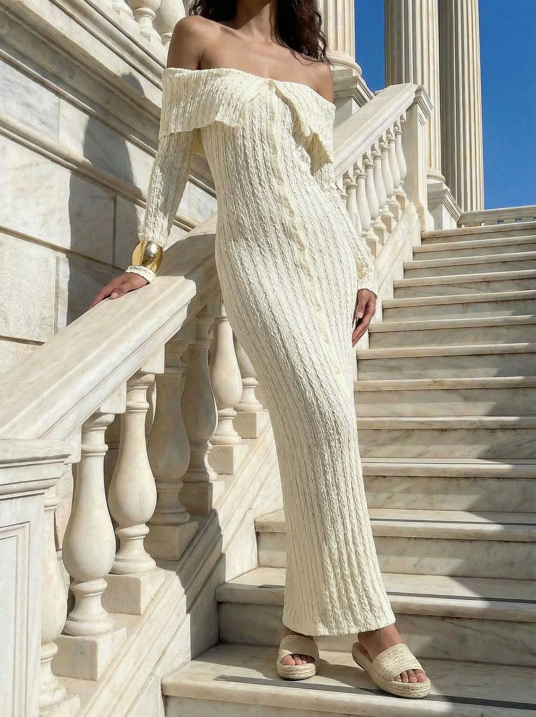 Off-Shoulder Lon Sleeve Sophisticated Knit Maxi Dress-Beie