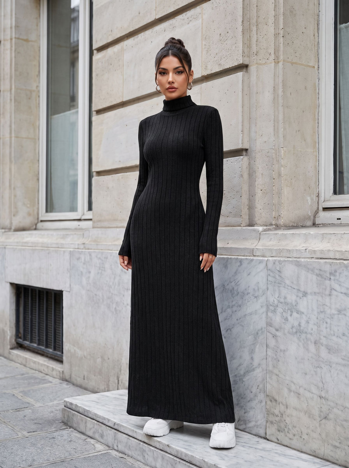 Ribbed Turtleneck Long Sleeve Maxi Dress