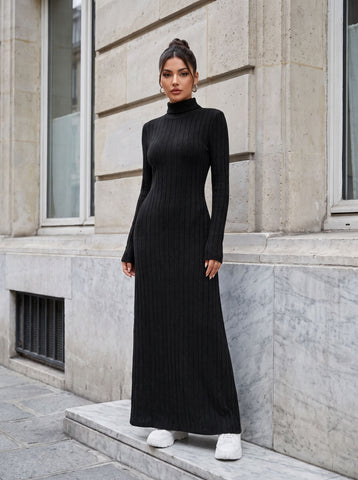 Ribbed Turtleneck Long Sleeve Maxi Dress
