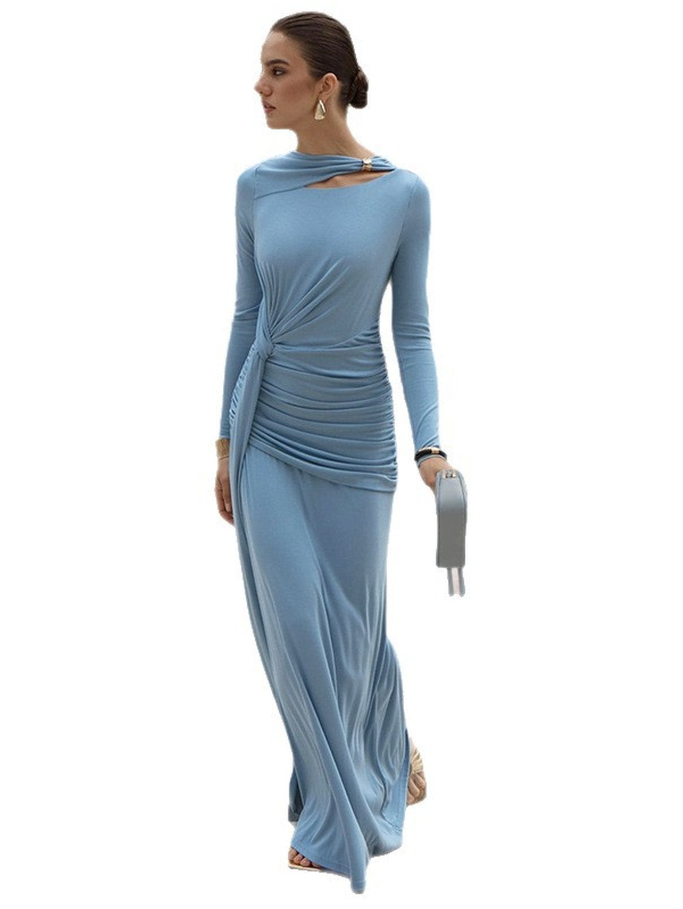 Elegant Ruched Asymmetric Long Sleeve Dress