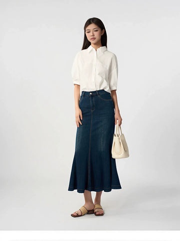 High Waisted Flared Denim Skirt