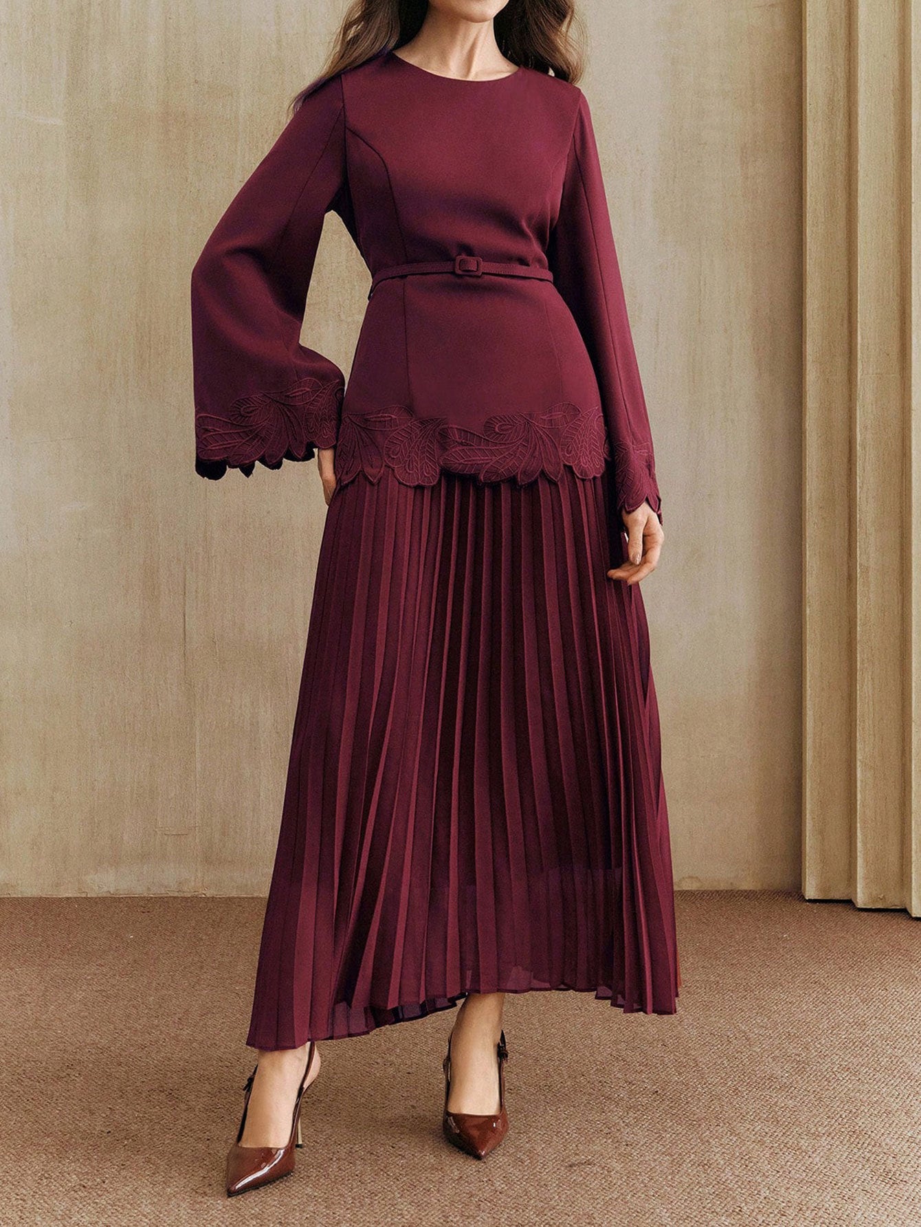 Embroidered Belted Pleated Midi Dress