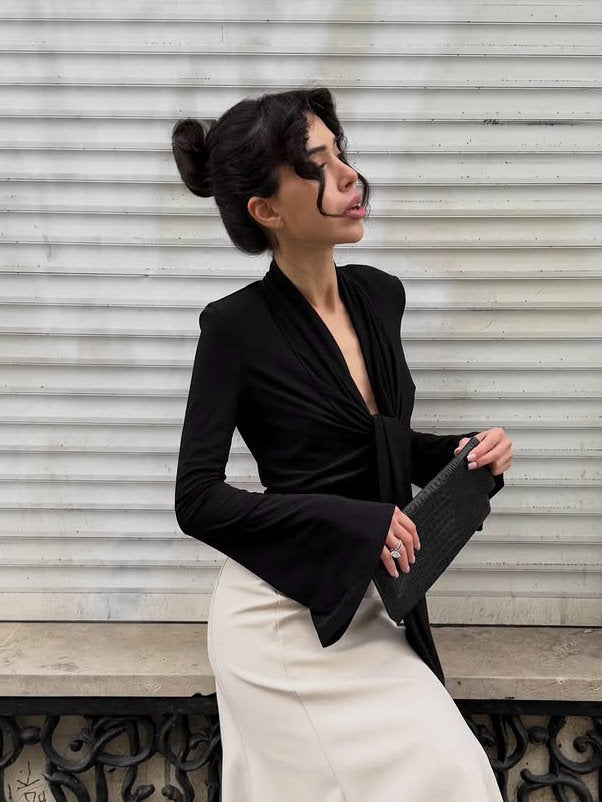 Plunging Neck Tie Front Long Sleeve Top