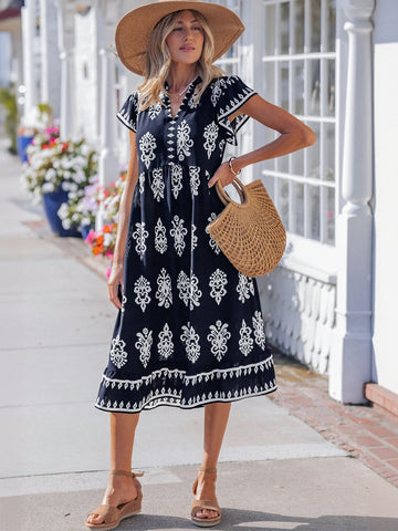 Boho Printed V Neck Midi Dress