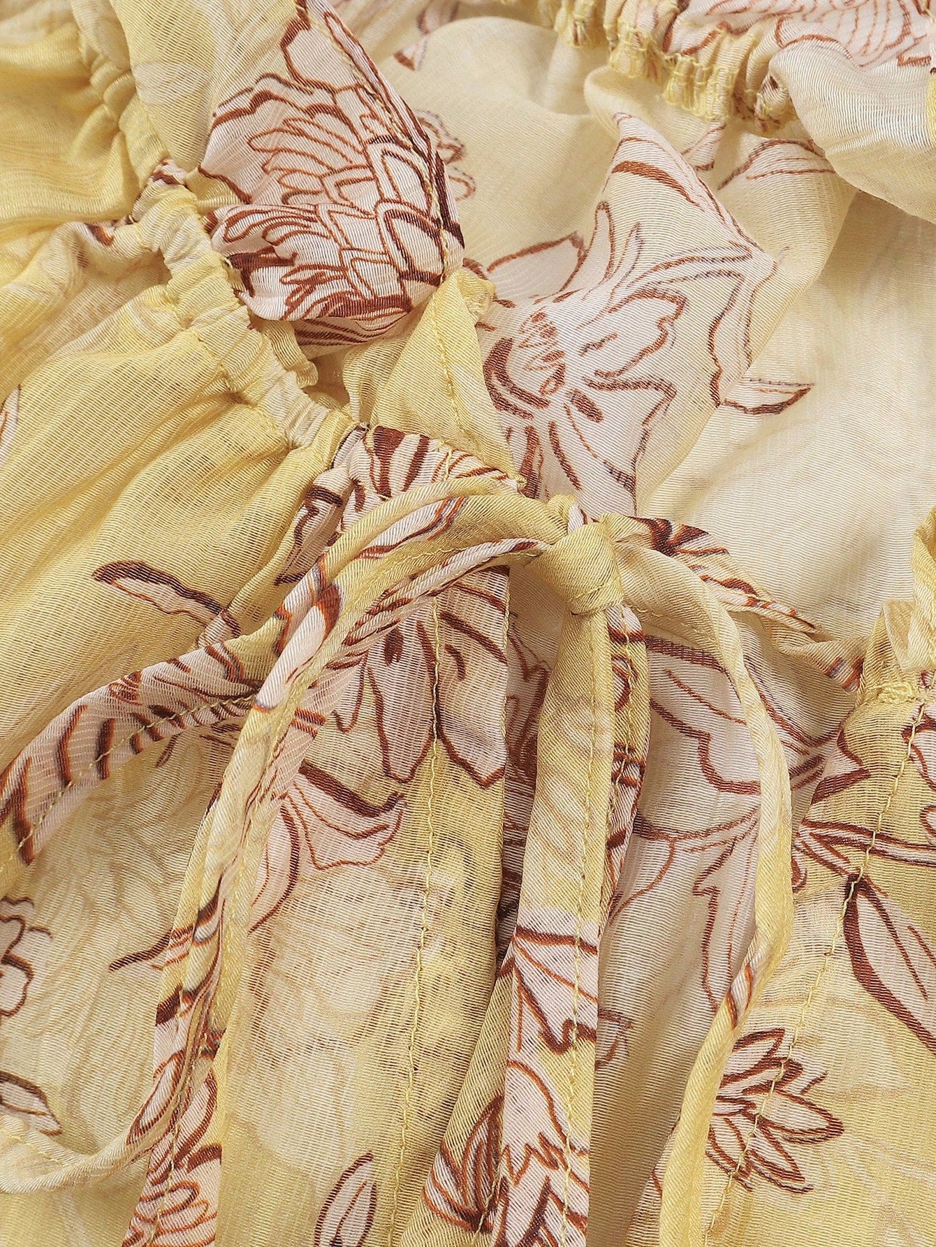 Floral Print V Neck Drawstrin Detail Bohemian Blouse-Yellow