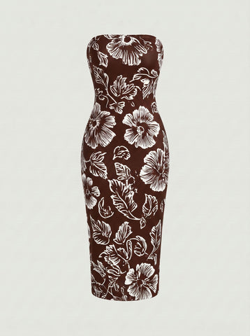 MAIA Floral Print Strapless Sheath Midi Dress