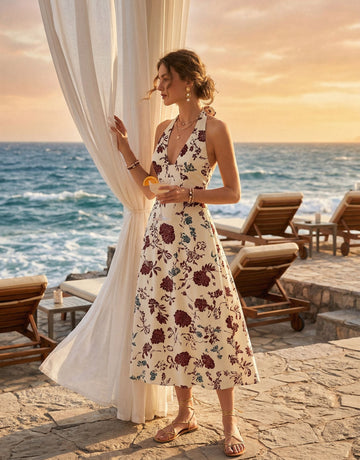 AURELIA Floral Print Halter Neck Tie Back Midi Dress
