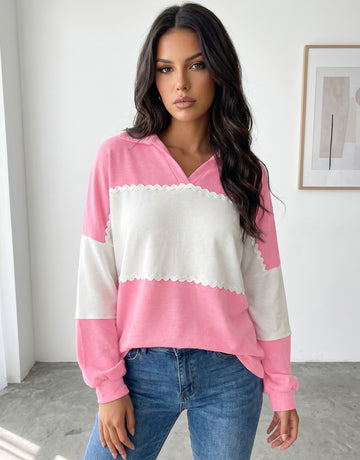 Scalloped Colorblock V Neck Pullover Sweatshirt