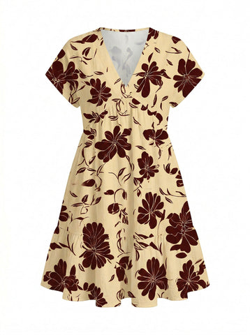 EVA Floral Print V Neck Tiered Babydoll Mini Dress