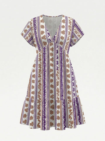 Floral Print V Neck Tiered Babydoll Mini Dress