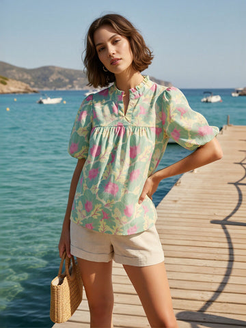 Floral Print Keyhole Neck Blouse