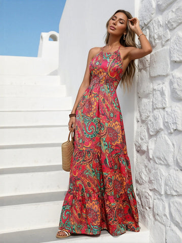 Paisley Print Halter Flowy Boho Maxi Dress-Red