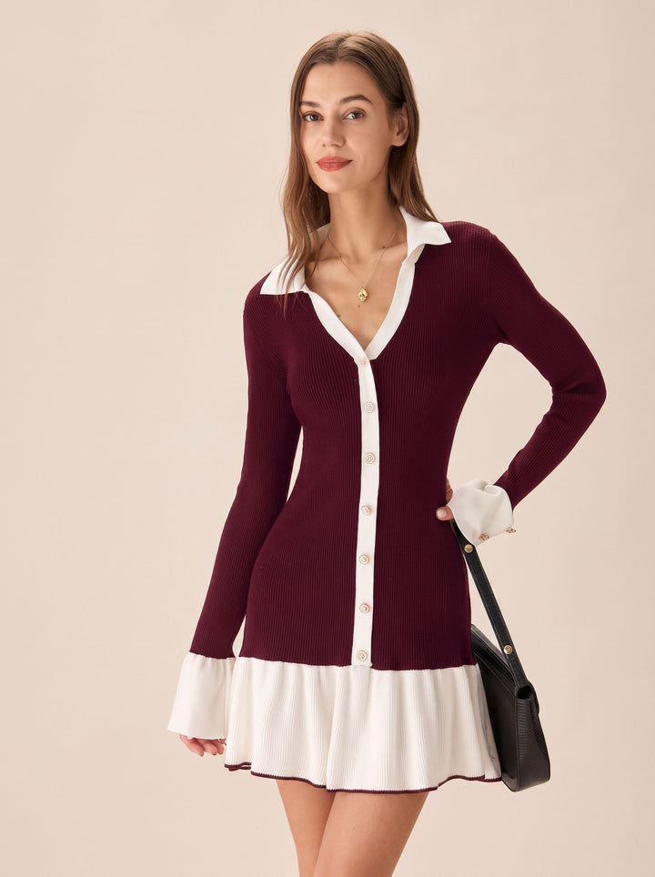 Contrast Button Down Knit Mini Dress
