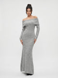 Off Shoulder Ribbed Knit Maxi Dress