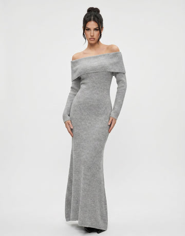 Off Shoulder Ribbed Knit Maxi Dress