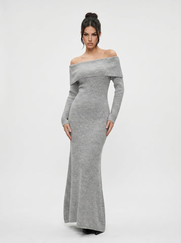 Off Shoulder Ribbed Knit Maxi Dress