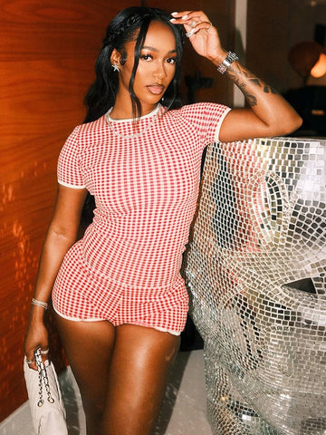 Red Gingham Fitted Shorts Set