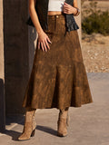 Vintage Distressed Faux Suede Midi Skirt