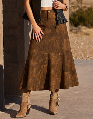 Vintage Distressed Faux Suede Midi Skirt