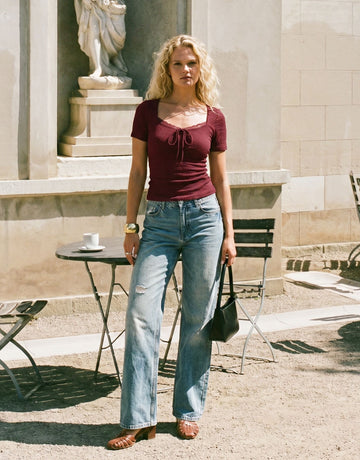 Smocked Lace Trim Tie Front T-Shirt