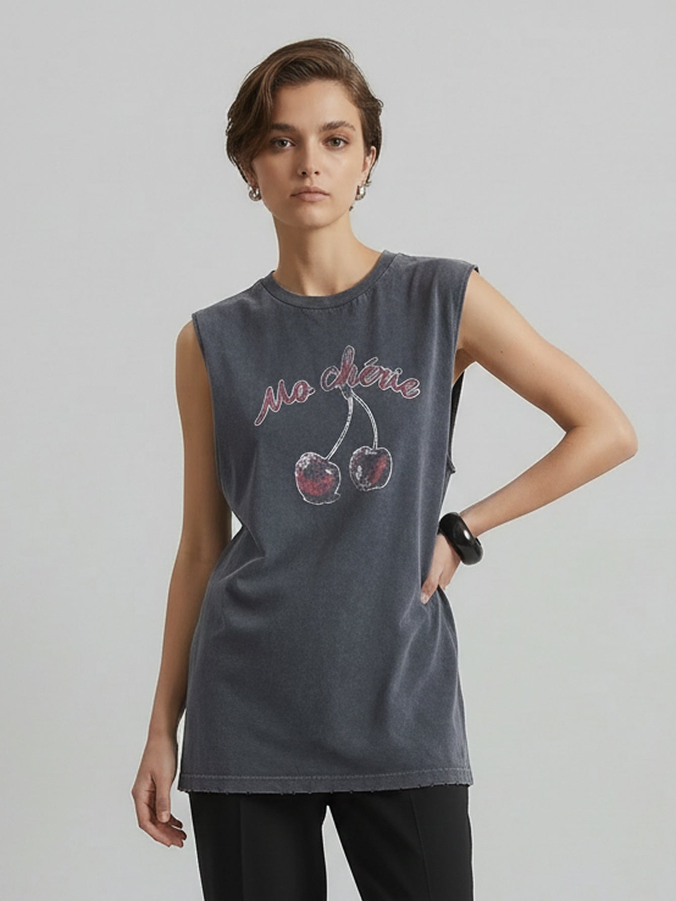 MO&Co. Cherry Sleeveless Cotton T-shirt
-Grey