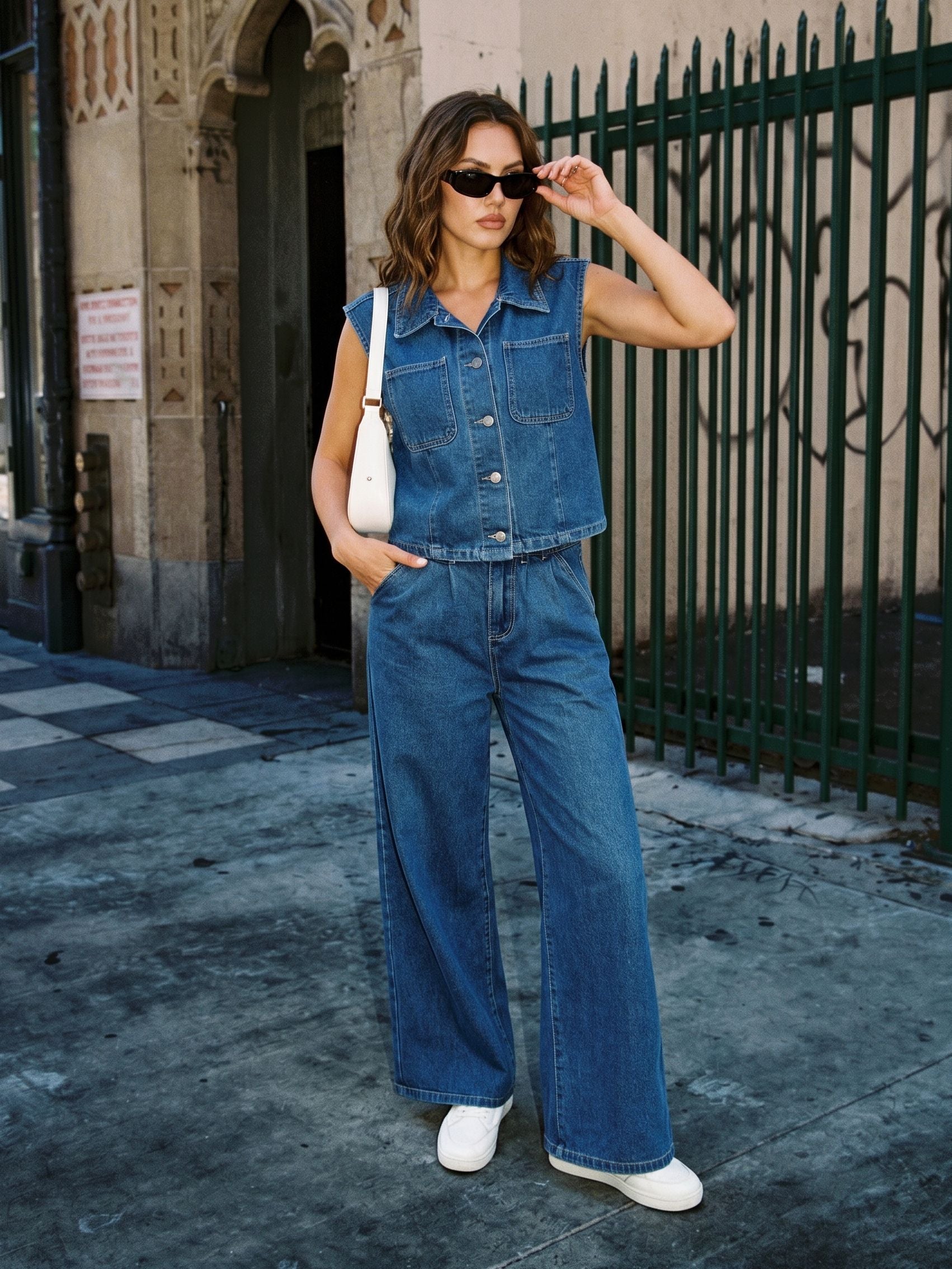 Sleeveless Denim Wide Leg Pant Set