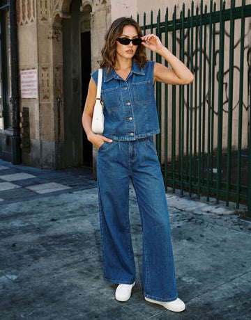 Sleeveless Denim Wide Leg Pant Set