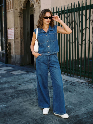 Sleeveless Denim Wide Leg Pant Set
