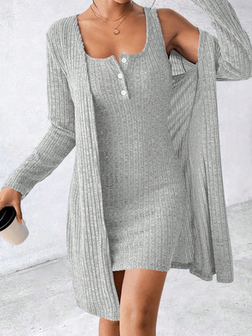 Ribbed Button Front Cardigan Skirt Set