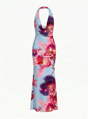 LILA Floral Print Cowl Neck Bodycon Midi Dress