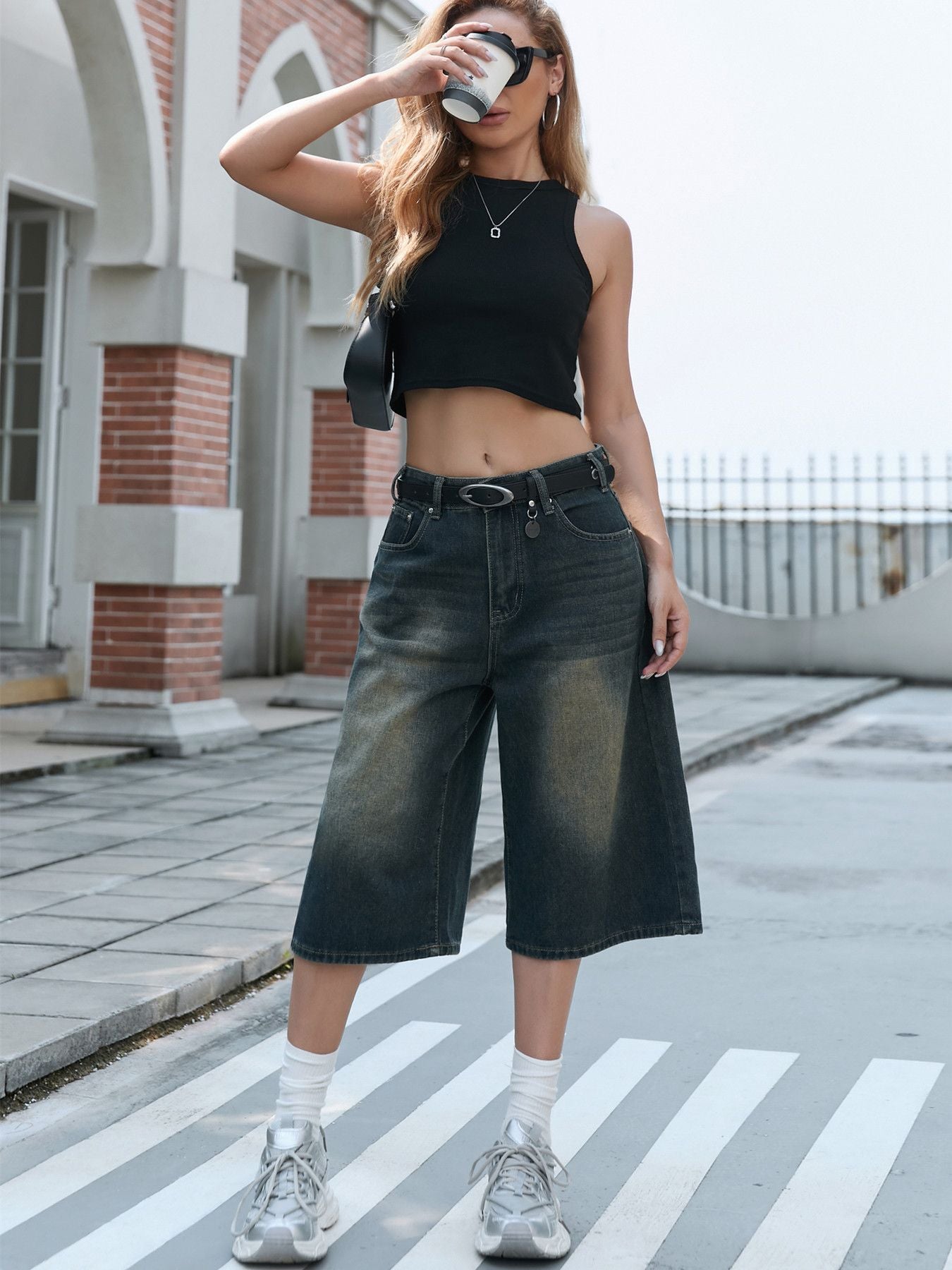 Vintage Wash Wide Leg Denim Shorts