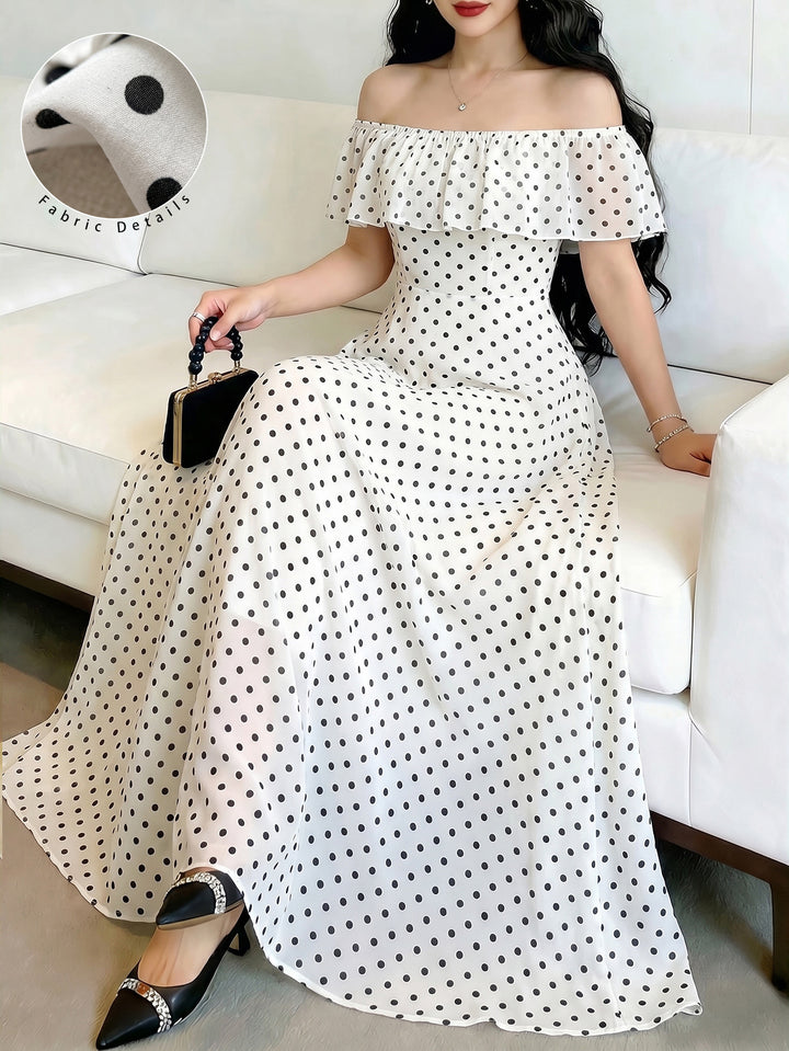 Off Shoulder Polka Dot Midi Dress