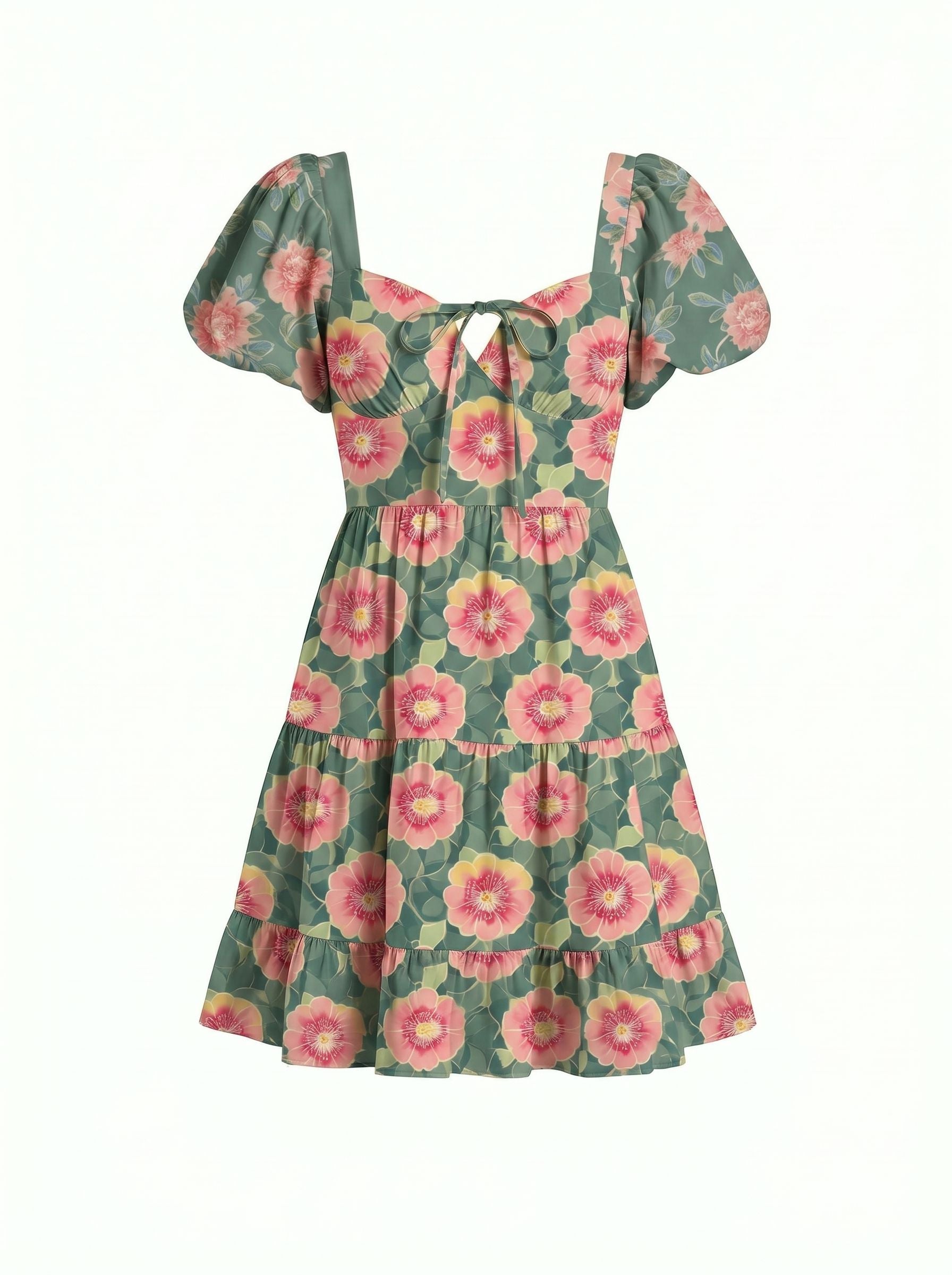 AYLA Floral Print Puff Sleeve Tiered Mini Dress