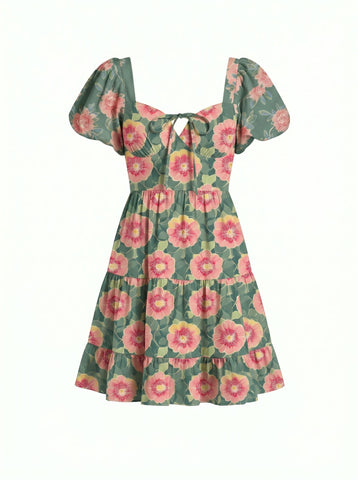 AYLA Floral Print Puff Sleeve Tiered Mini Dress