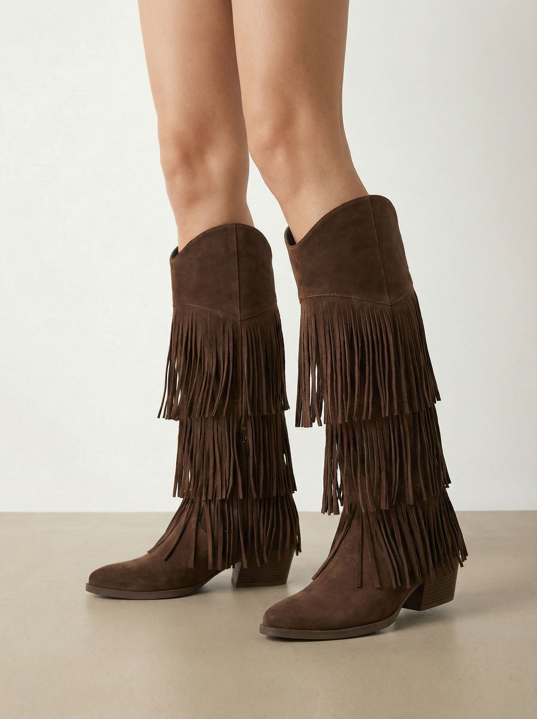 Tiered Long-Fringe Mid-Calf Suede Western Boots-Brown