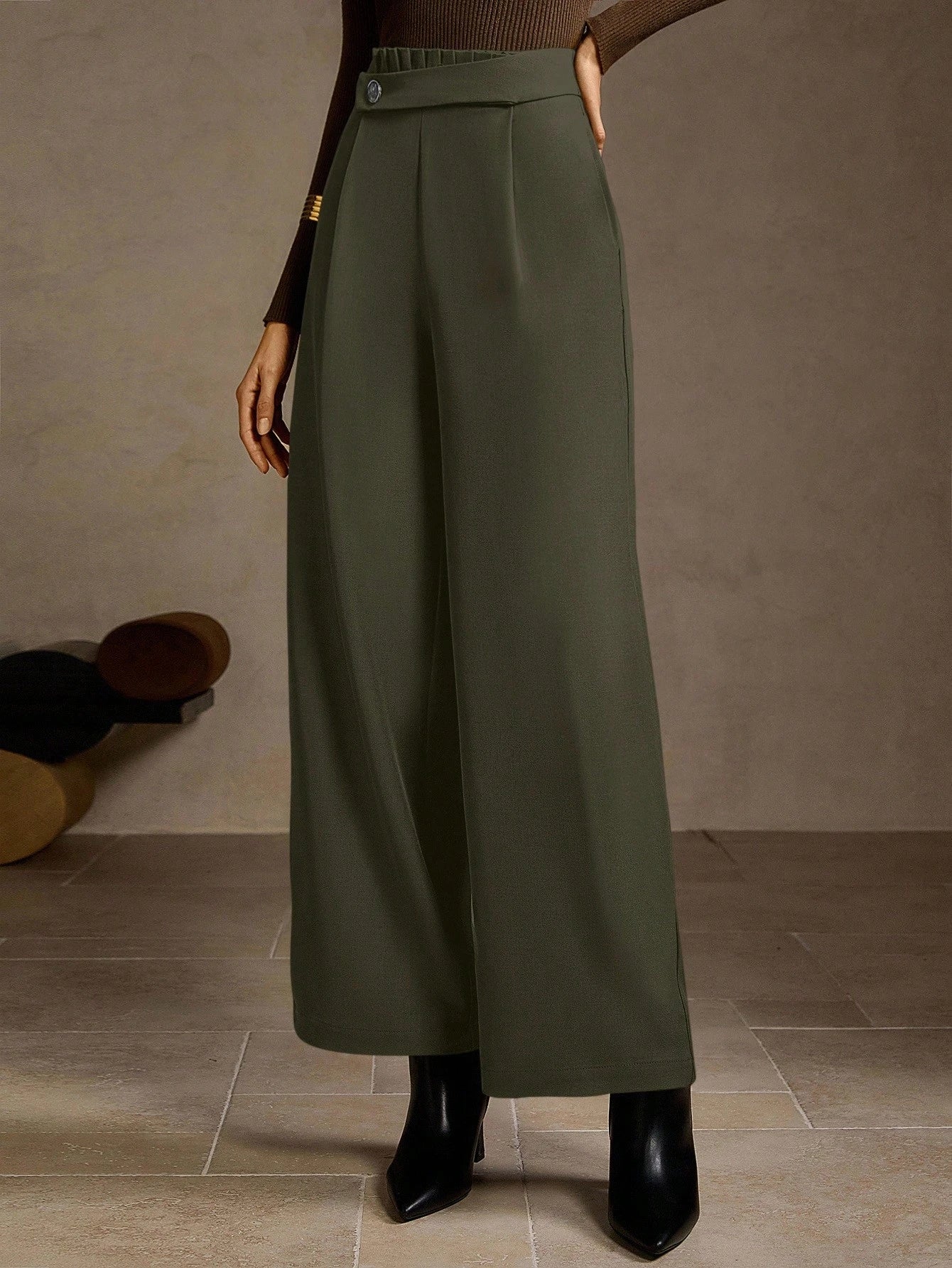 High-Waisted Wide-Leg Button-Front Classic Pants-Multicolor