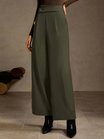 High-Waisted Wide-Leg Button-Front Classic Pants-Multicolor