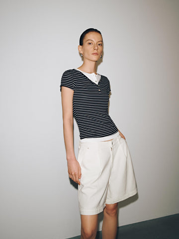 Henley Neck Contrast Striped Skinny-Fit T-Shirts