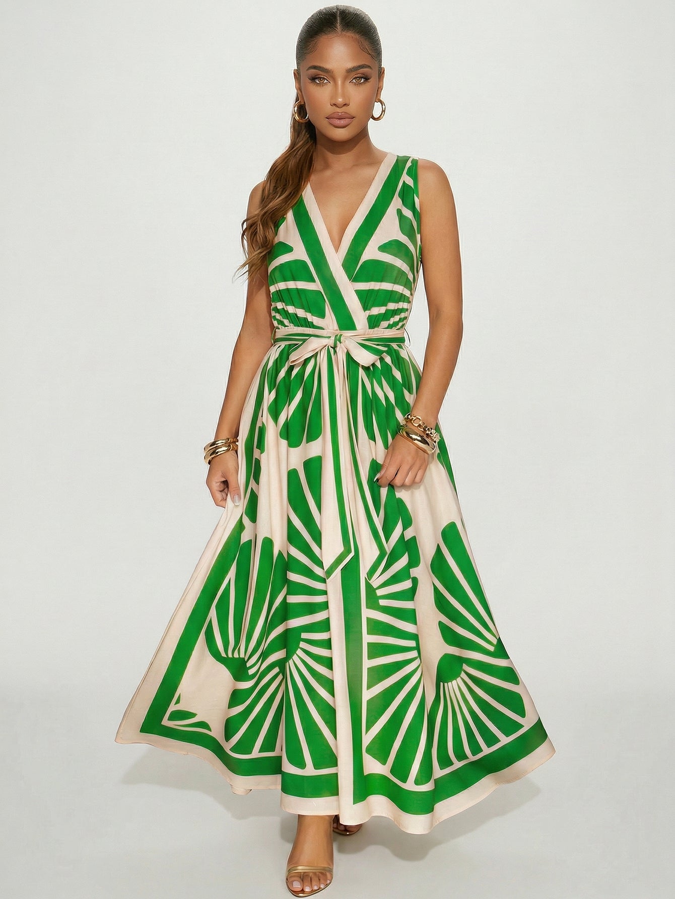 V Neck Printed Bohemian Maxi Dress