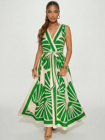 V Neck Printed Bohemian Maxi Dress