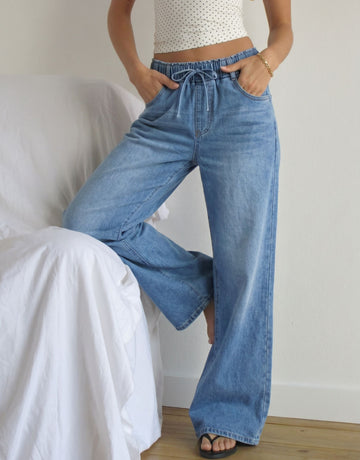 High Waisted Drawstring Wide Leg Jeans
