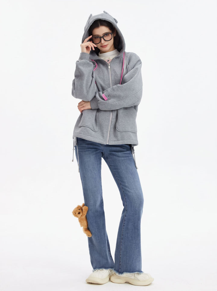 Oversized Graphic Bear Zip Up Hooded Jacket